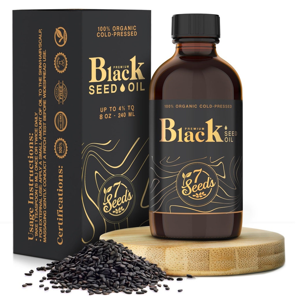 7 Semena hladno stisnjeno črno seme olje - 240 ml Hladno stisnjena Nigella Sativa Tekočina za podporo imunske, Vnetje Podpora, Prebava, Lasje in koža (8 Fl Oz)