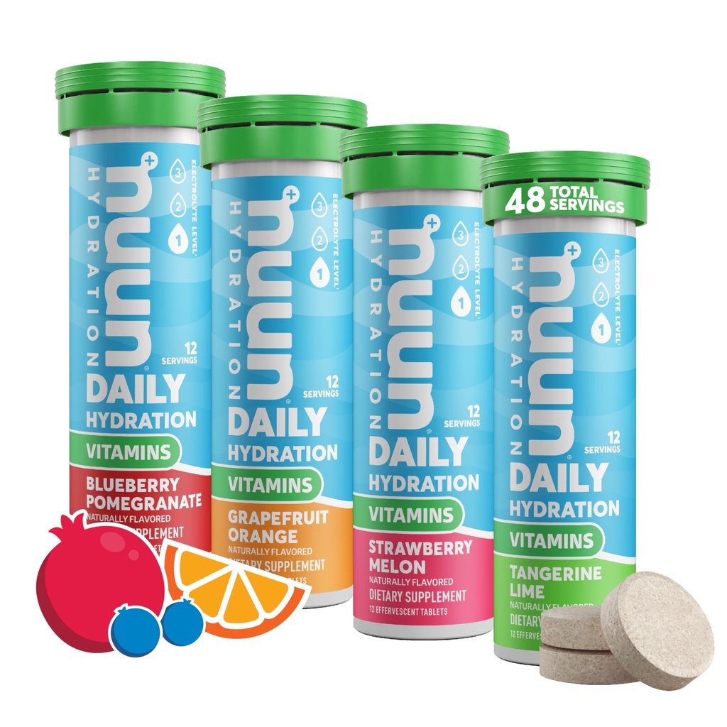 Nuun Vitamini Elektrolitske tablete z vitaminom D, C, E, A, & B6, Folna kislina, Magnezij & 4 drugi Eterični elektroliti, Gluten Free & Vegan, Mešano sadje, 4 paket (48 Serving skupaj)
