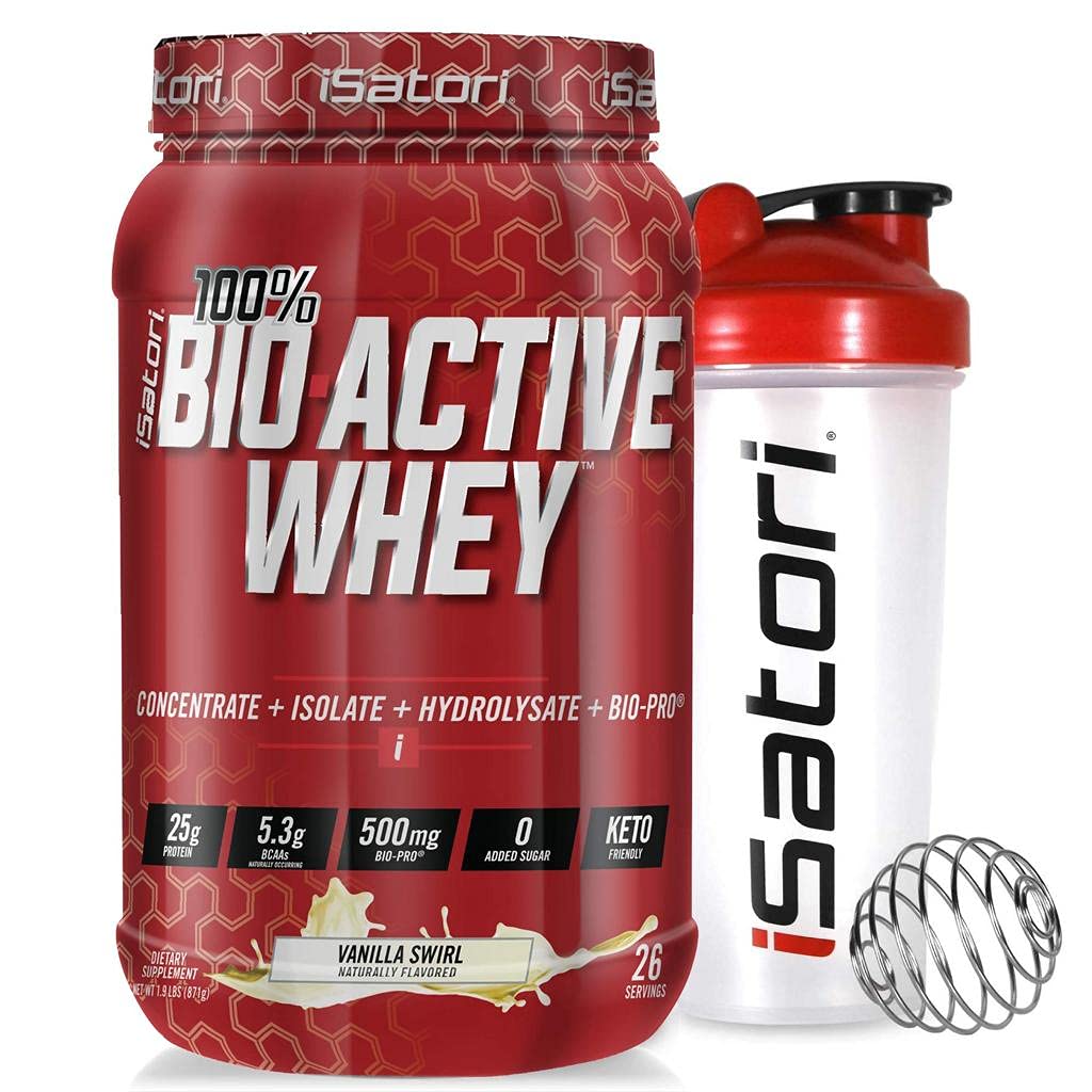 iSatori Bio-Active Whey Protein Powder - Vanilla Swirl (30 Servings) & iSatori Classic Blender Steklenica (Čisto steklenico z rdečim vrhom)