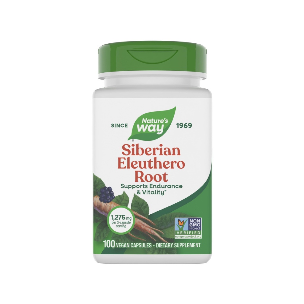 Nature's Way Premium Herbal Sibirski Eleuthero Root Supplement, Podpira vzdržljivost in vitalnost*, Adaptogen*, 1.275 mg na 3-kapsule Serving, Non-GMO Project Verified, 100 kapsul (Packaging May Vary)