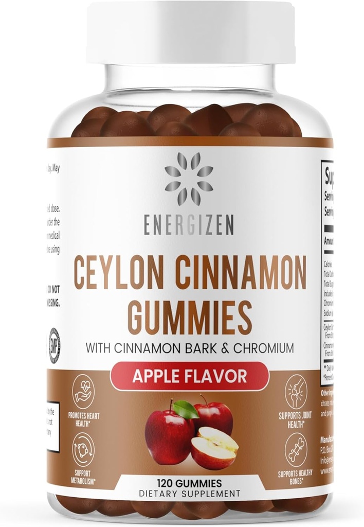 Cimet + kromovi gumiji - 120 Veganski gumiji - Joint Pain & Brain Health Support, Sugar-free, Antioksidant Rich, Non-GMO, Gluten-free dodatek, Natural Apple aroma