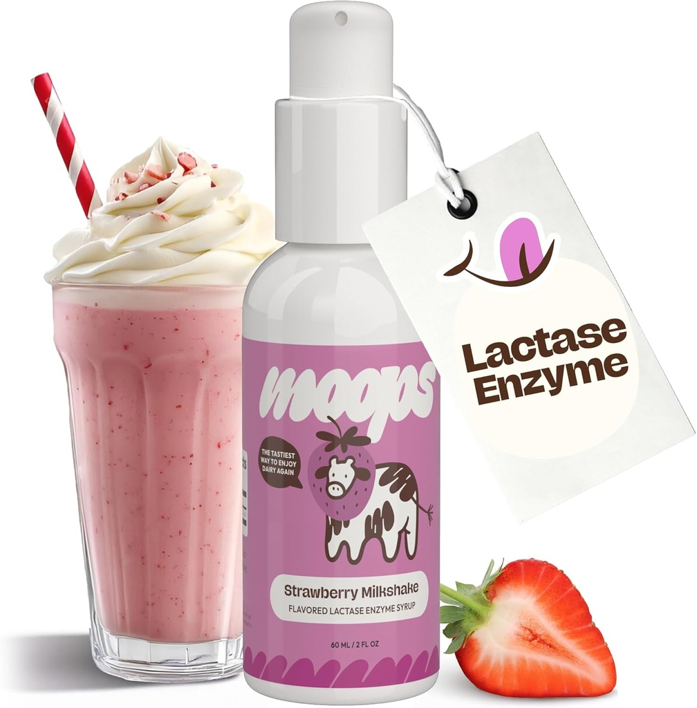 Moops Liquid Lactase Enzyme Syrup 2oz – Okusni Jagodni Mlečni napitek Okus – 10.000 FCC enot za hitro delovanje Dairy Relief – Prilagodljiv odmerek za Laktoza Intolerance – Prenos Twist-to-Lock črpalka