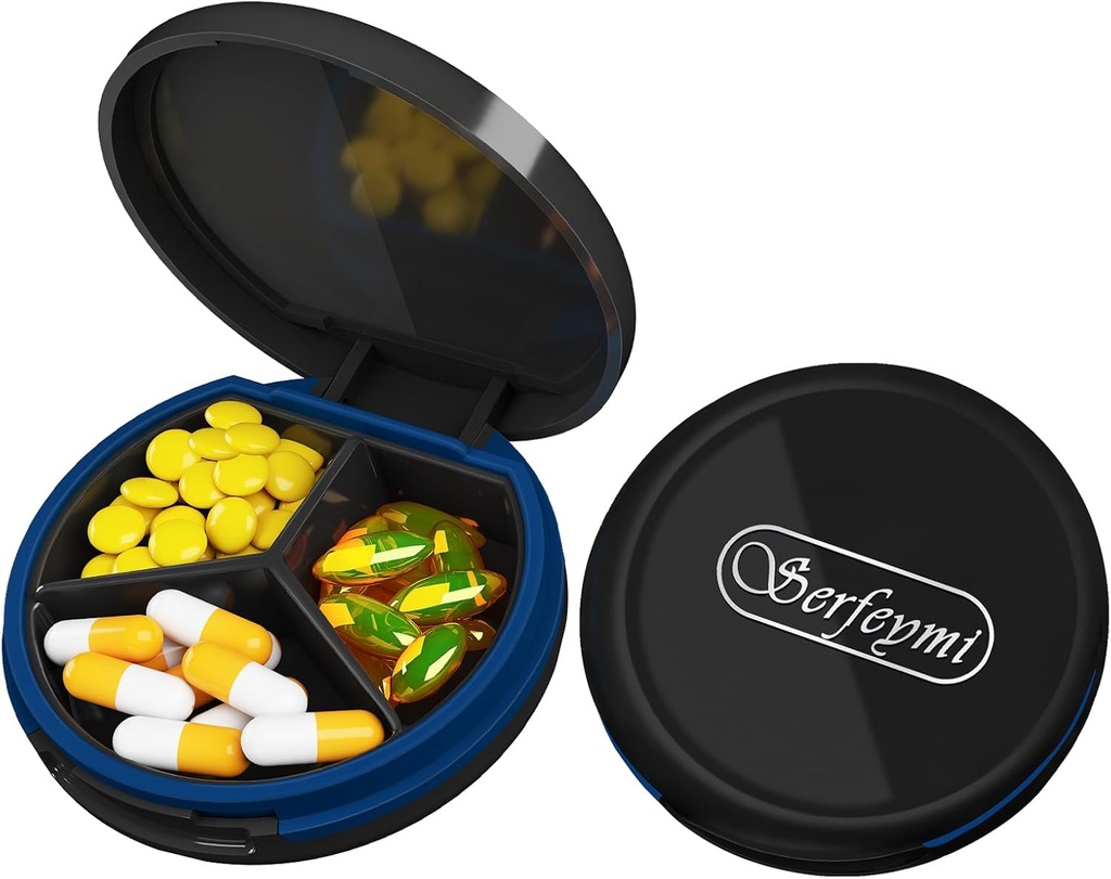 Serfeymi majhne tablete Box - 3 Kompartmenti Prenosne tablete Box za Purse Pocket, Compact Mini potovalne tablete Primer - Primeren za medicino, Vitamin, ribje olje, dodatki - črna(Logo)