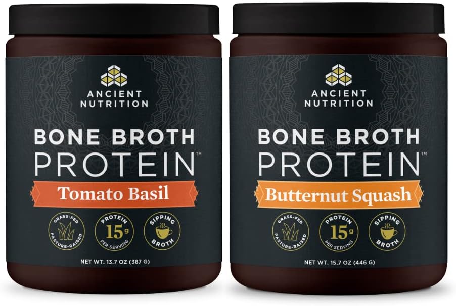 Ancient Nutrition Bone Broth Protein Powder, Paradižnik Basil, 15 Servings + Protein Broth Powder, Butternut Squash, 15 Servings