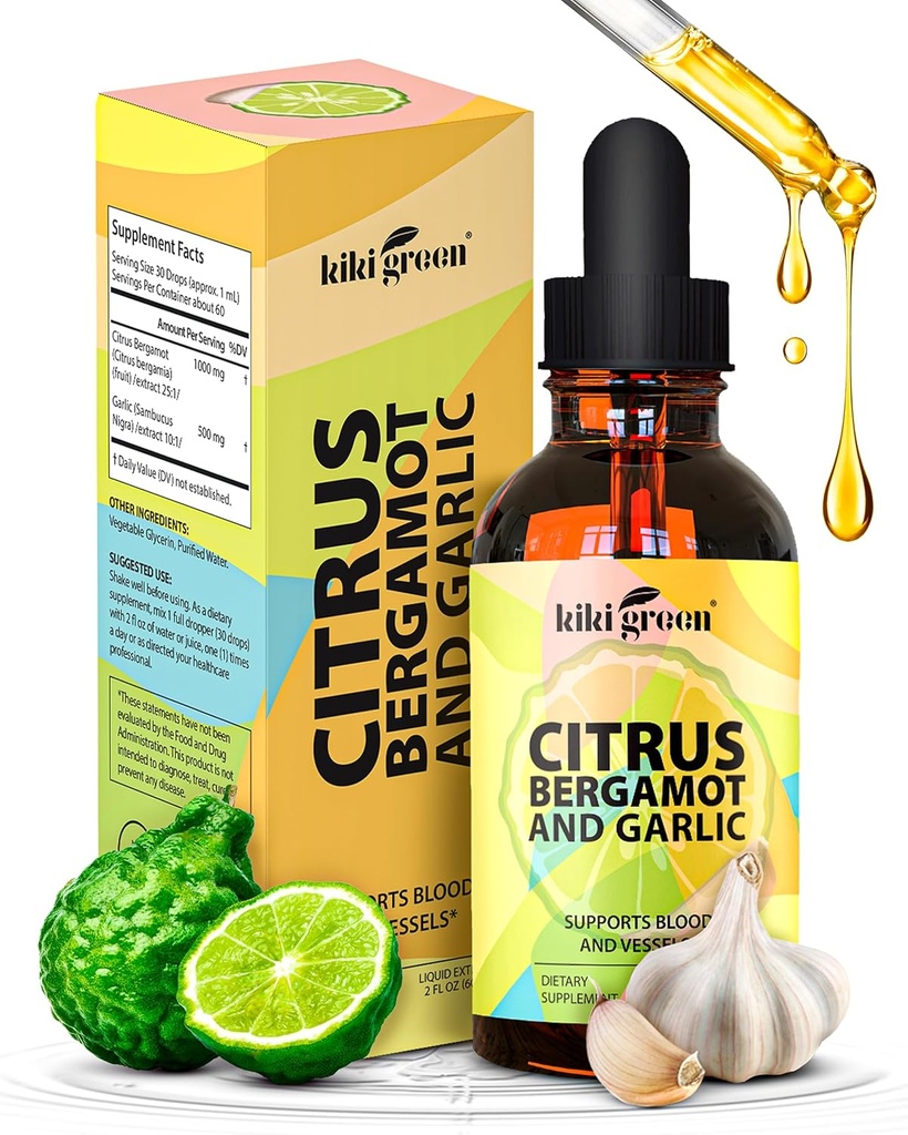 KIKI Green Liquid Citrus Bergamot & Česen Extract - Citrus Bergamot Dodatek za zdravje srca, Podpora imunskega sistema in zdravo staranje Non-GMO, Gluten-free dodatek 2 Fl Oz.