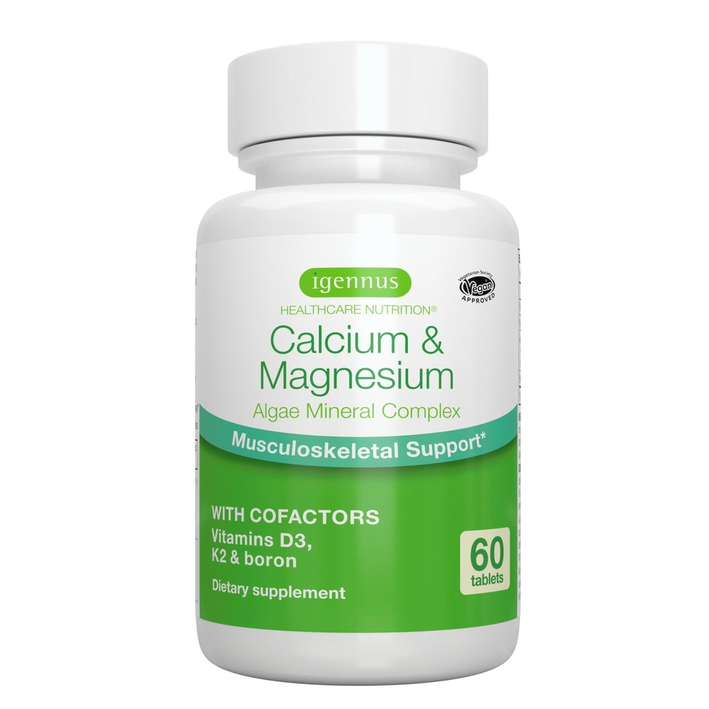 Igennus Algae Calcium & Magnezij dopolnilo, rastlinsko, visoka absorpcija, K2 & D3, ne-GMO Red Algae Mineral Complex za podporo kosti in zob, za ženske in moške, z Boron, Vegan, 60 tablet
