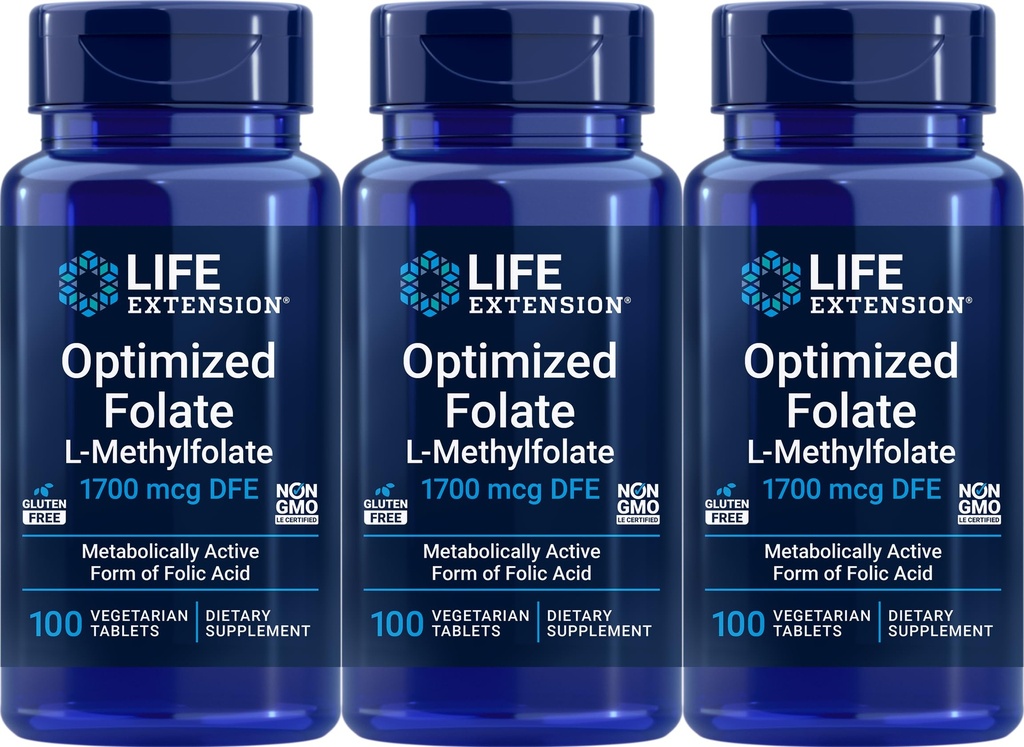 Optimiziran folat za podaljšanje življenja 1700 mcg DFE, 100 vegetarijanskih tablet (paket 3)