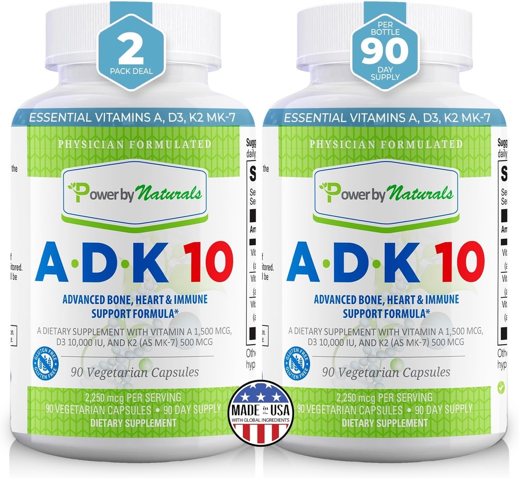 Moč po naravi ADK Vitamin dodatek – ADK 10 Visoka jakost z vitamini A, D3 10.000 i.e. & K2 MK7 za Superior Heart, Imune & Bone Health Support – 90 kapsul, 2 paketa (6-mesečna zaloga)