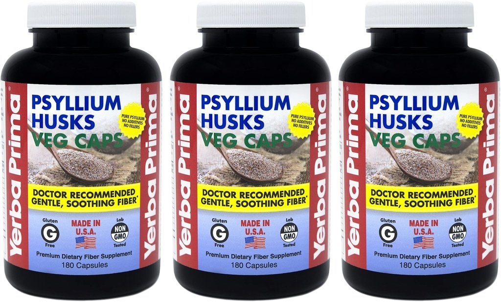 Yerba Prima Psyllium Husks Veg Caps - 180 Count (Pack 3) - Vegan, Non-GMO, Gluten Free, Colon Cleanser, Daily Fiber dodatek za Gut zdravje & Rednost