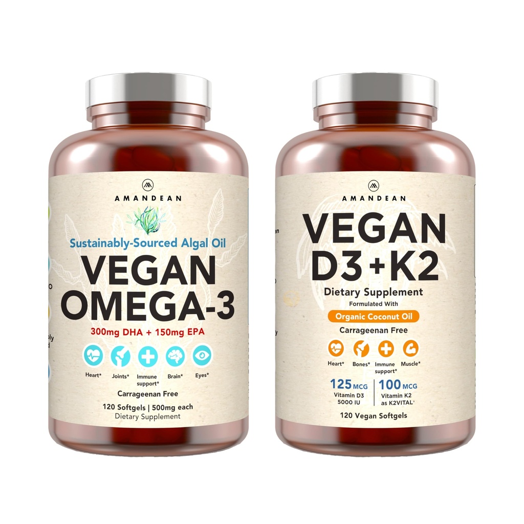 Vegan Powerhouse Combo. Omega-3 iz Algal Oil & Vitamin D3 + K2. Nasad 5000 iu VIT D iz Algae. 100 mcg All-Trans MK-7 Vita K. Carrageenan Free Veggie Softgels.