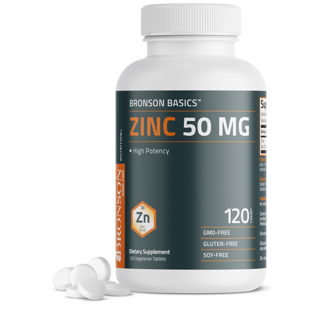 Bronson Cink 50 MG Visoka moč podpira zdravje kože - ne-GMO, 120 vegetarijanske tablete