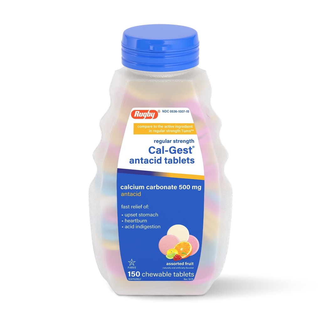 Rugby Cal-Gest Antacid tablete - Redna moč - Kalcijev karbonat 500 mg - Asortirana aroma sadja - 150 Žvečljivo število (1 pakiranje)