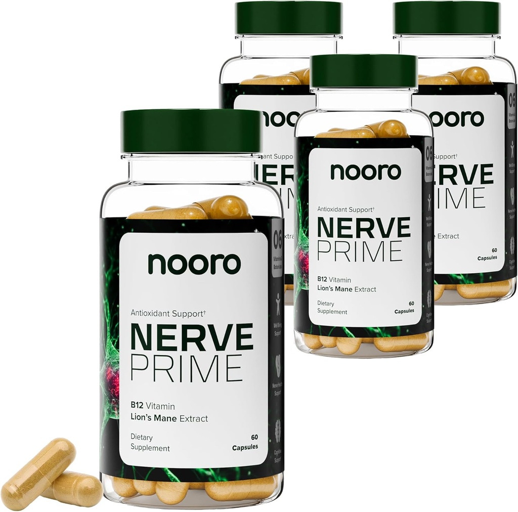 nooro Nerve Prime Supplement - R-Alpha lipoična kislina, levja griva in kurkumin, podpora za dobro počutje, kognitivna funkcija, zaščita proti oksidantom, 120-dnevna oskrba (4 paket)