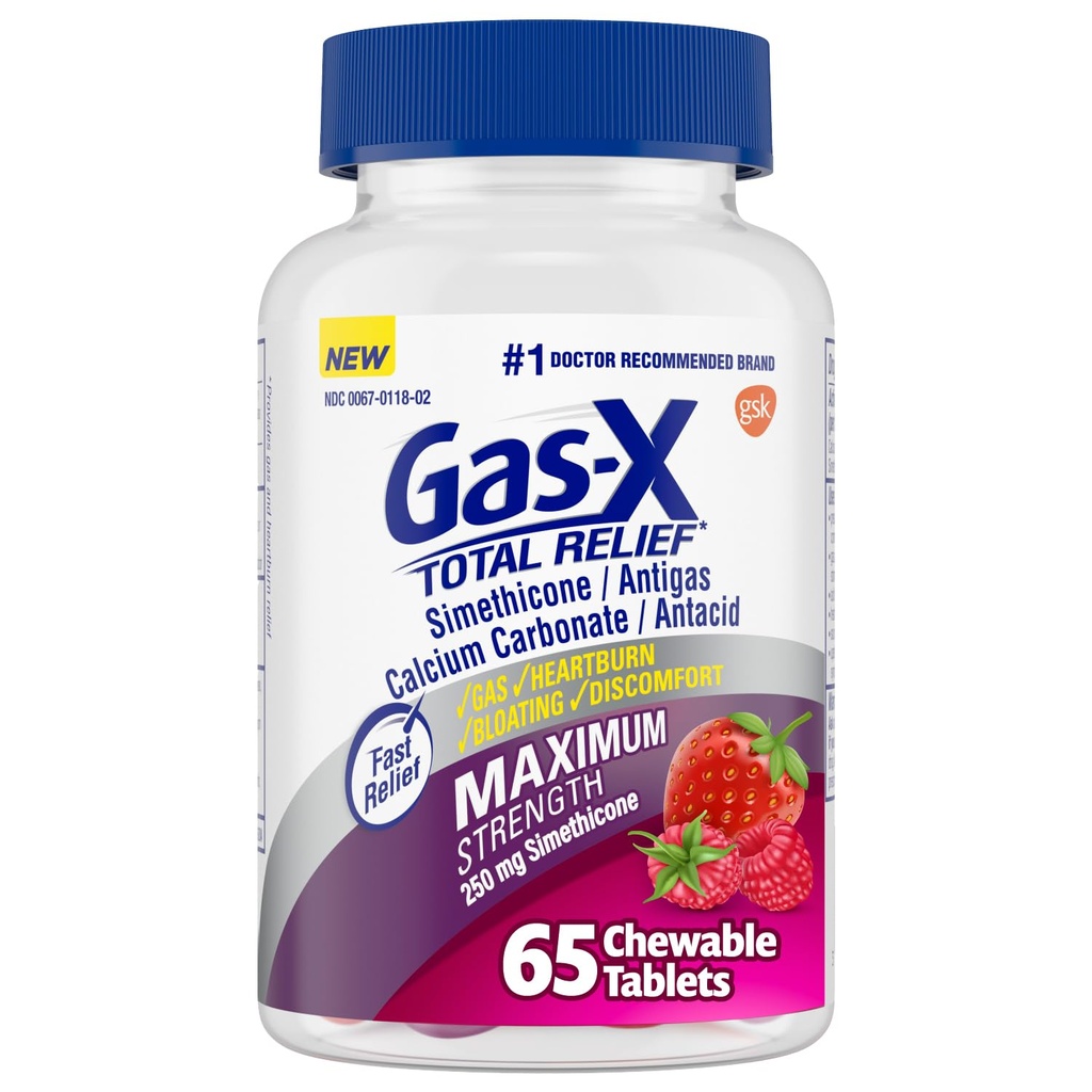 Gas-X skupne raztopine žvečljive tablete z največjo jakostjo plina simetikon 250 mg in zgago Relief kalcijev karbonat 750 mg, napihnjenost, mešane jagode - 65