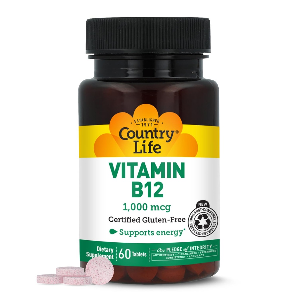 Država Life Vitamin B12 dodatek - Bistveno za delovanje možganov, Živčno zdravje, rdeče krvne celice - Idealno za preprečevanje anemije - Vegan Vitamin B, 1000 μg - Gluten-free, 60 tablet