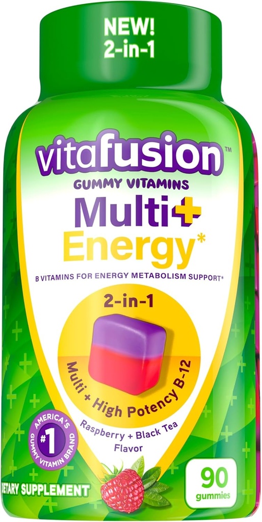 Vitafusion Multi + Energija* Gummy Vitamini, Vsebuje B Vitamini za zagotavljanje energije Presnovna podpora*, 90 Število