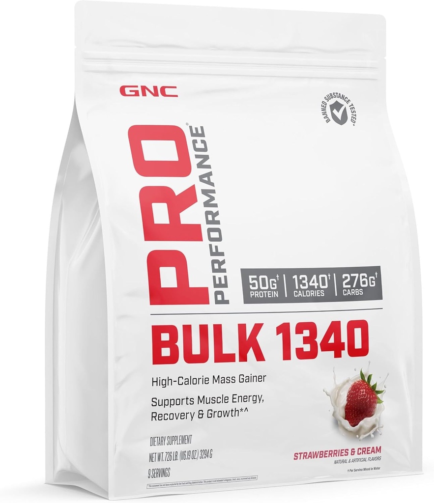 GNC Pro Performance Bulk 1340 Mass Gainer Protein Powder, 50g, Gluten Free, Whey, Kreatin, BCAA, 3. stranka Tested, Recovery in rast mišic, mikrohranila, Jagode in smetana, 9 Serving