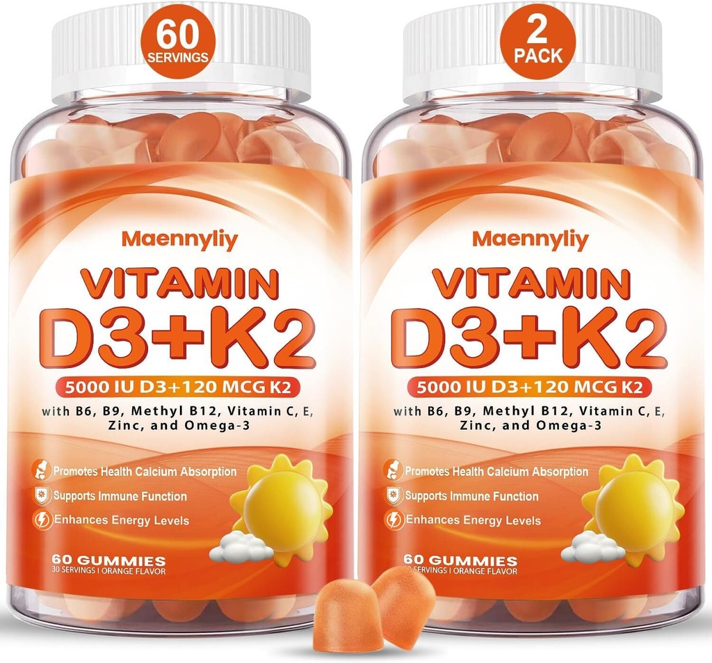 Vitamin D3 K2 Gumiji za odrasle - vitamin D3 5000IU + K2 (MK-7) 120mcg - dodatki brez sladkorja D3 in K2 z Omega-3, metil B12, B9, B6, vitamini E in cink - za absorpcijo kalcija in imuno zdravje