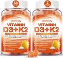 Vitamin D3 K2 Gumiji za odrasle - vitamin D3 5000IU + K2 (MK-7) 120mcg - dodatki brez sladkorja D3 in K2 z Omega-3, metil B12, B9, B6, vitamini E in cink - za absorpcijo kalcija in imuno zdravje