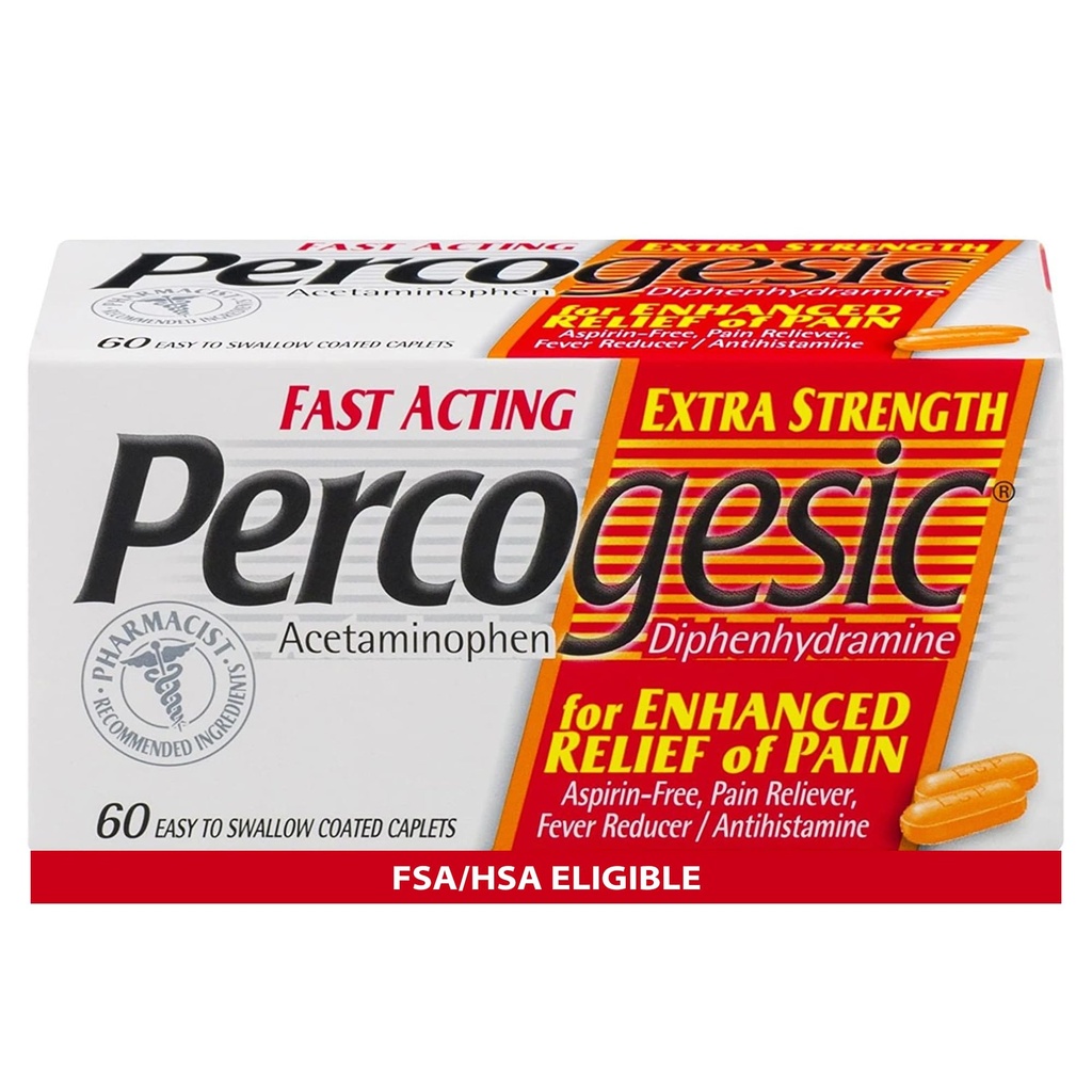 Percogesic ekstra moč acetatfen & difenhidramin bolečine lajšanje, hitro delujoč aspirin-free Fever Reducer & Antihistaminik, 60 število