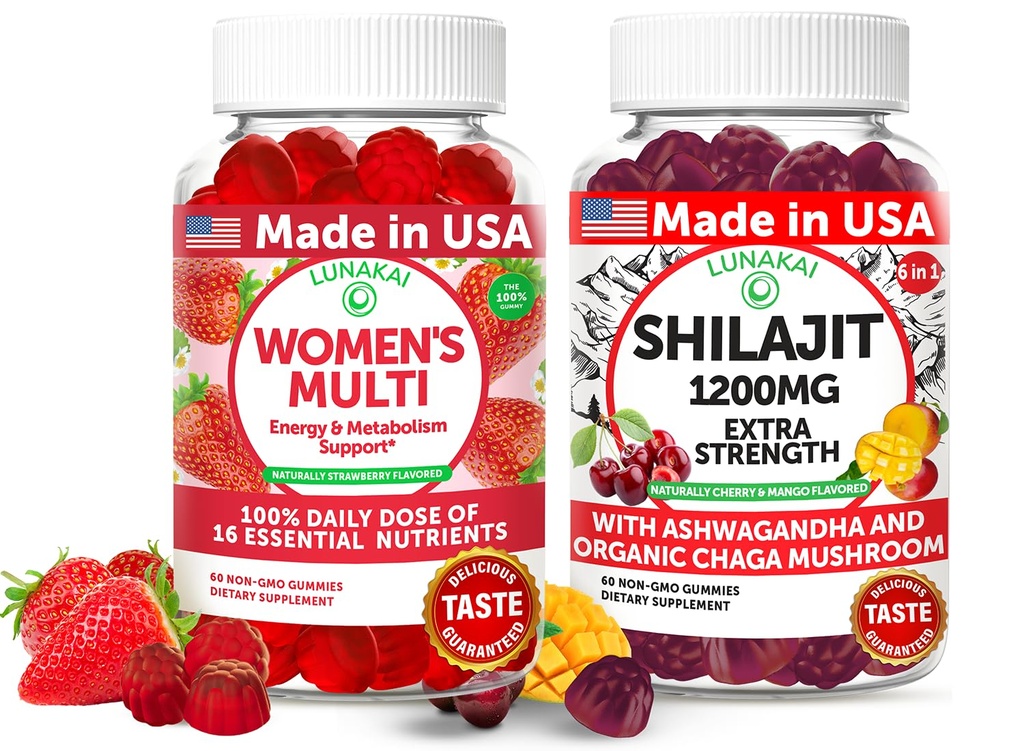 Lunakai USA Made Womens Multivitamin & Shilajit Gummies Bundele – Energy, Imun & Vitality Support – Seveda aromatiziran – 60 Ne-GMO Gummies vsak