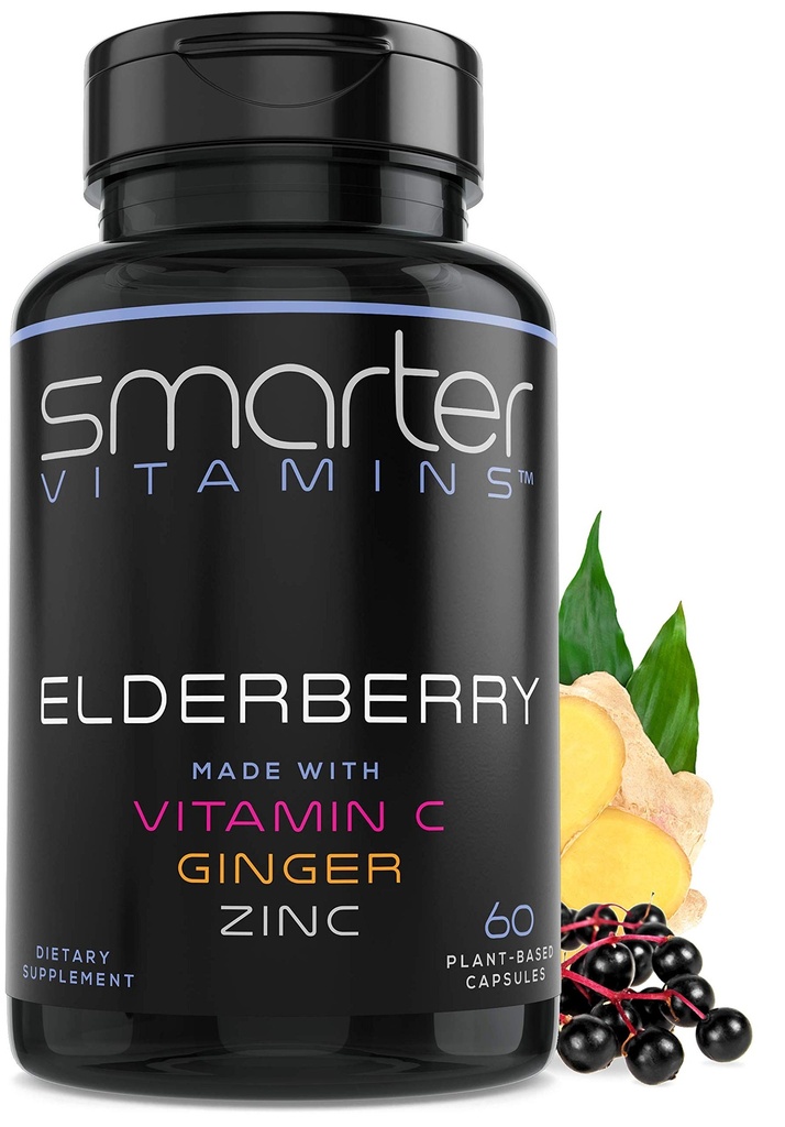 Pametnejše Bezgove kapsule + vitamin C + ingver & cink, zeliščni dodatek, močan črni starejši Berry ekstrakt antioksidant vitamin, 60 Veganske tablete