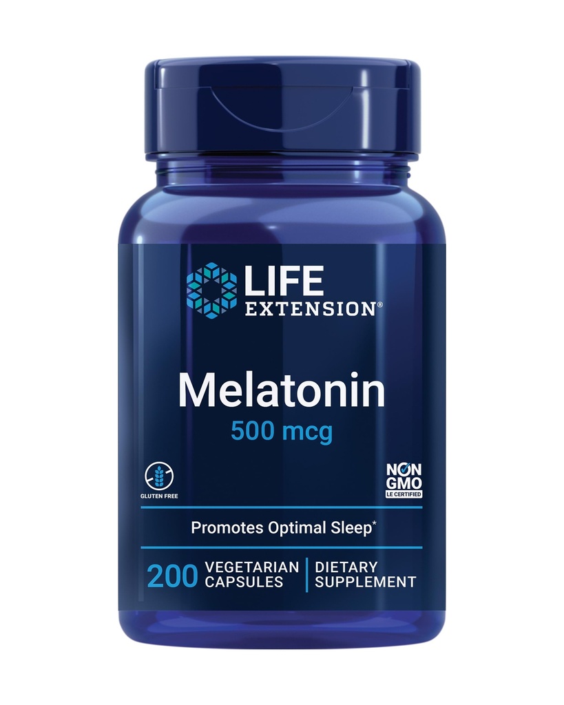 Podaljšek življenja melatonin, 500 μg – nežno spodbuja spanje, nizek odmerek, vrednostna velikost – ne- GMO, brez glutena, vegetarijansko – 200 kapsul