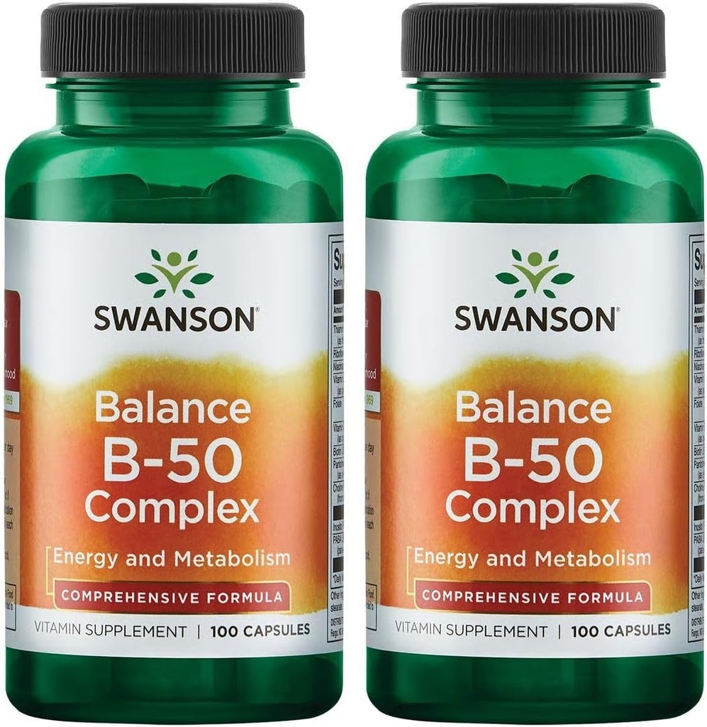 Swanson B-50 Complex - Vitaminski dodatek Spodbujanje energije in metabolizma Podpora - Lahko podpira zdravje srca in spomin - (100 kapsul) (2 paket)