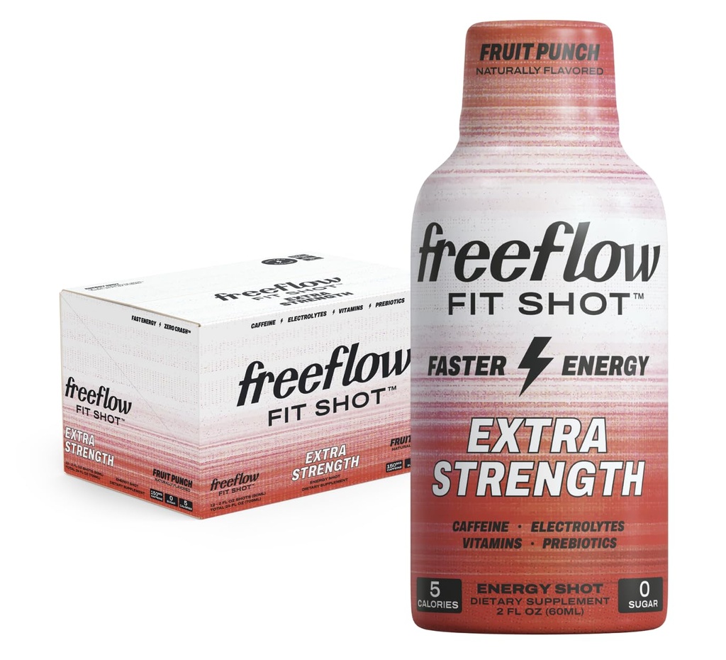 Freeflow Fit, Ekstra moč Energy Shot, Fruit Punch (2 Ounce Shot, Pack of 12) - 150mg kofeina na Shot, Zero Calorie, Zero Sugar Energy Shot...