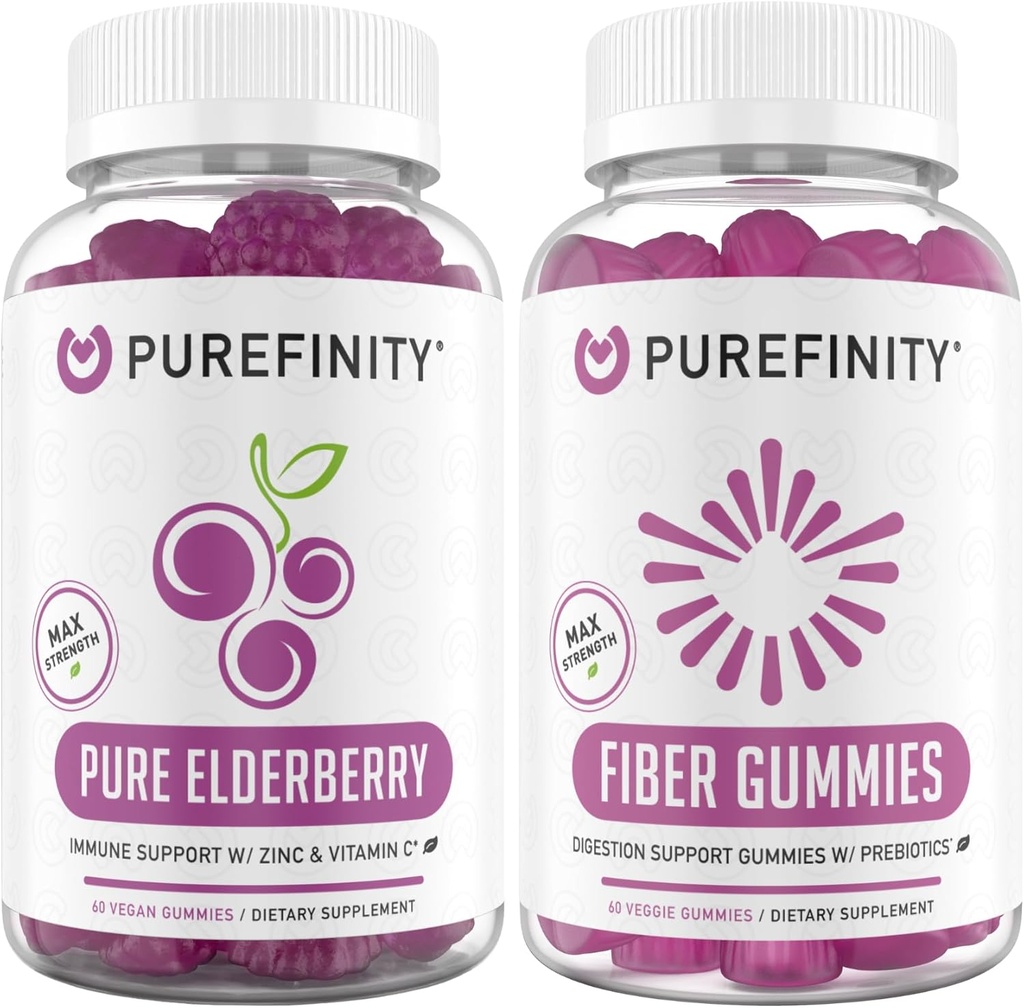 PUREFINITY Fiber + Elderberry Gummies Bundele (Inulin FOS Prebiotične Fiber Gumies + Dvojna moč Elderberry Gumies z cinkom in vitaminom C)