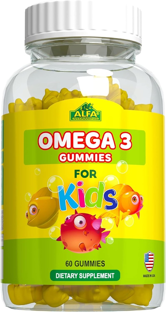 ALFA VITAMINS Omega 3 otroci Gumiji, podpira razvoj možganov, zdravje srca in vizija, enostaven za žvečenje, Omega 3 dodatek za otroke, oranžna aromatiziran, brez ribjega okusa, 3 Gumiji dnevno, 60 Gumiji