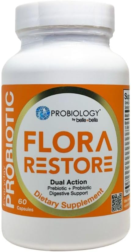 Belle+bella Flora Restore Daily Probiotic - 15 milijard živih kultur - Probiotiki in prebiotiki za zdravje prebavnih in črevesnih - Imunska podpora - spodbuja regularnost - Vegan & Gluten Free - 60 Caps
