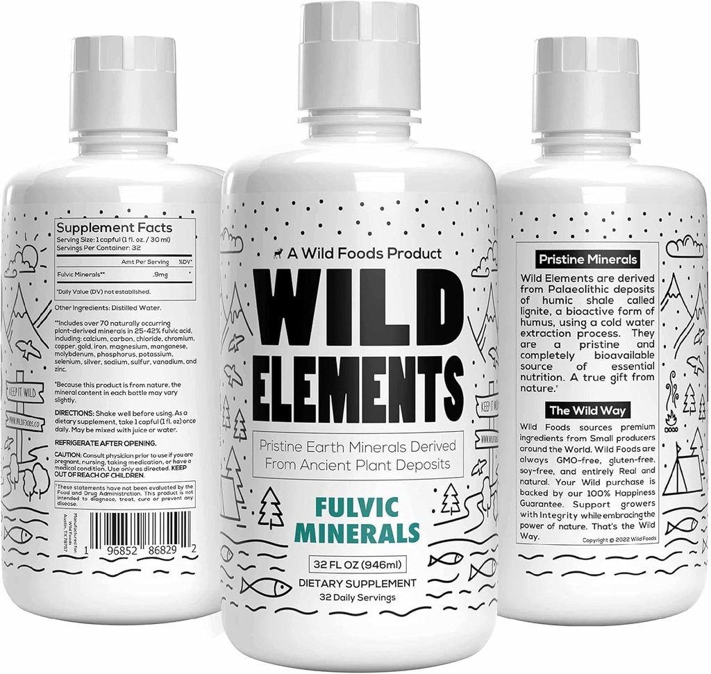 Wild Elements Gut Support Fulvic Acid Mineral Mešanica, pridobljena iz starodavnih rastlin depozitov, Zdravilnega Gut Lining, Izboljšati kognicijo in imuniteto, 70+ Minerals, All Natural, 32 oz