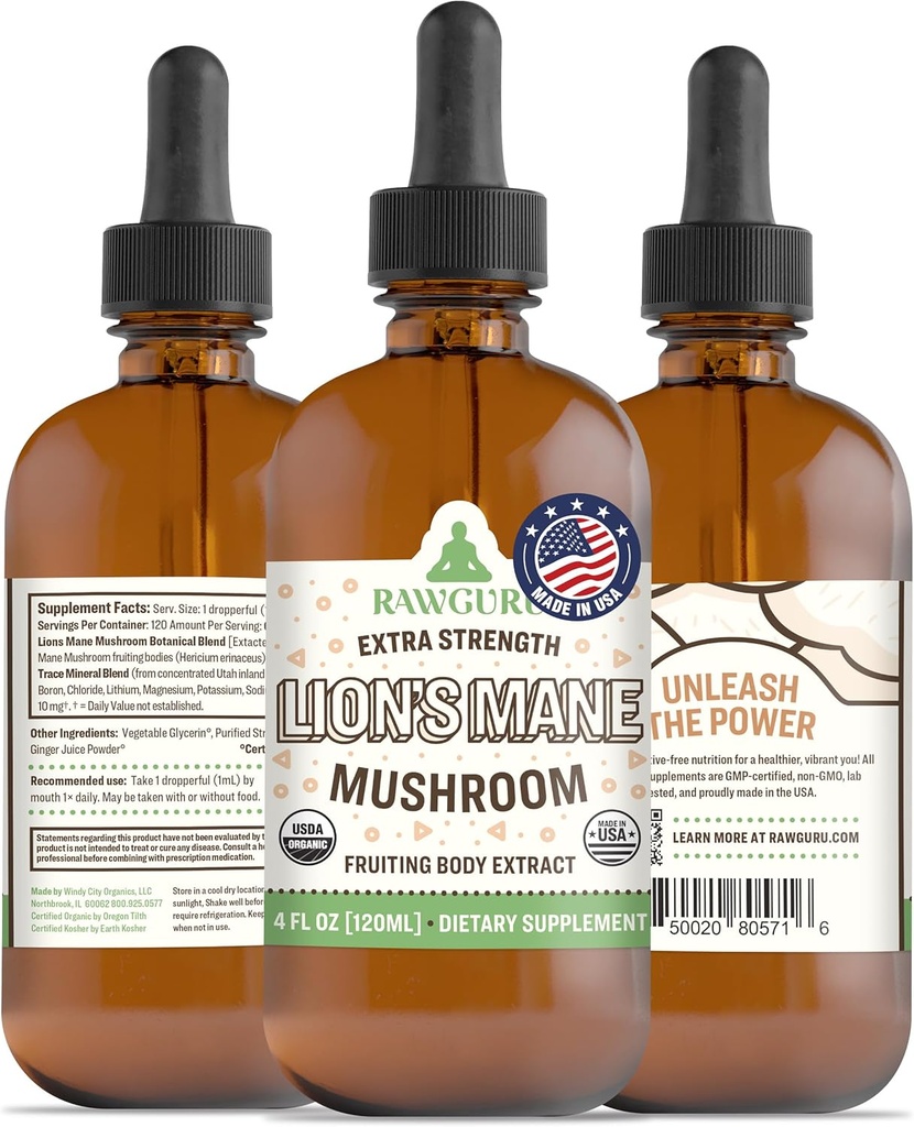 RawGuru Lion's grivasta goba Tinktura - Veganski levji izvleček z minerali trace - Nano-procesirana imuniteta Boost & Kognitivni dodatek - 120 Servin veganskih kapljic na 120 ml, pakiranje po 1