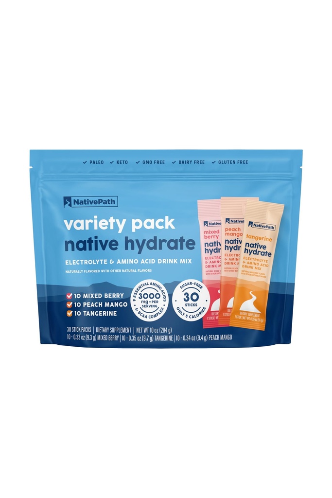 NativePath Native Hydrate Packs z elektroliti in aminokislinami, Variety Pack, Mešano jagode, Peach Mango, Tangerine, 30 Serving