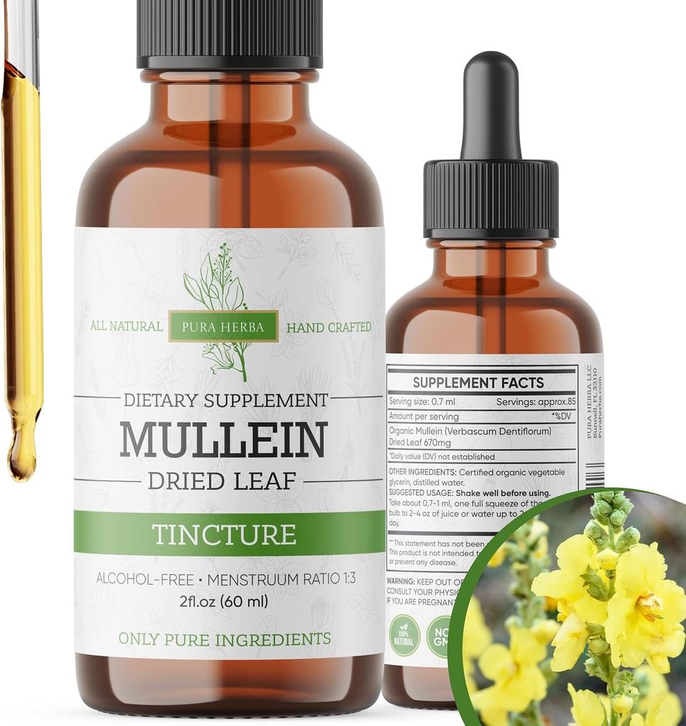 Mullein Tinkture – Organic Mullein kapljice za podporo pljuč in dihalne wellness – Made in The ZDA – 2 Fl Oz
