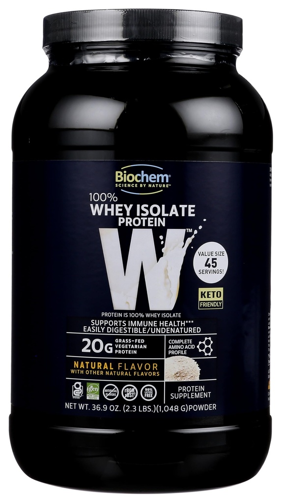 Biochem 100% sirotkin izolat Proteini - Naravna aroma - 20g beljakovin - Pre & Post Workout - Nadomestek obroka - Keto-prijazno - Enostavno prebavljiv - Silky gladek okus - enostavno premešamo (36,9 oz)