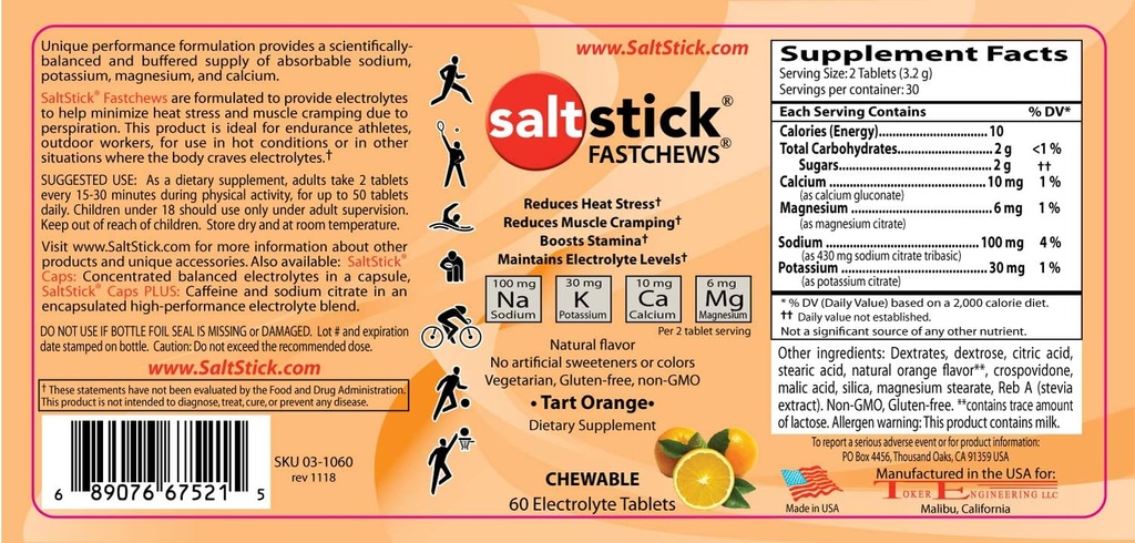 SaltStick FASTCHEWS 60-Count steklenica, paket s potovalnim paketom 10 Count - Tart Orange