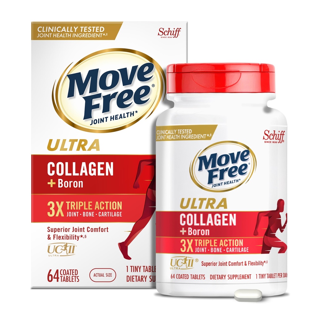 Move Free Ultra Triple Action Skupna podpora Dodatek - Tip II Kolagen Boron & Hyaluronic Acid - Podpira Joint Comfort, Kartiliage & Bones v 1 Majhne tablete na dan, 64 tablet (64 obrokov)*