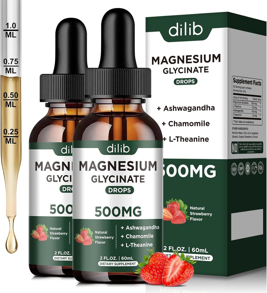 Magnezij Glycinate tekoče kapljice dodatek, z Magnezij Glycinate 500mg Ashwagandha, L - Theanine, Kamilica -Podpora Stres Relief, kosti, mišice, Mood Jagode Okus 2Pack