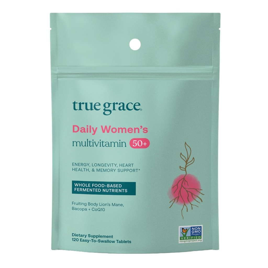True Grace Daily Women's Multivitamin 50+ - 120 Easy-to-Swallow tablete - Imune, Energy, Longevity & Memory Support - Vegan - Gluten, Soy & Iron Free - 60 Služabnikov