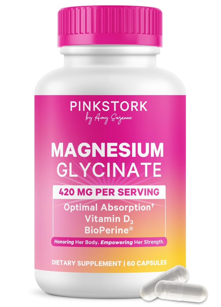Roza Stork Magnezij Glicinat z vitaminom D - Magnezij dodatek za ženske v podporo naravni mir, razpoloženje, in spanje - Hormonsko ravnovesje za ženske - 60 kapsule, 1 mesec dobave