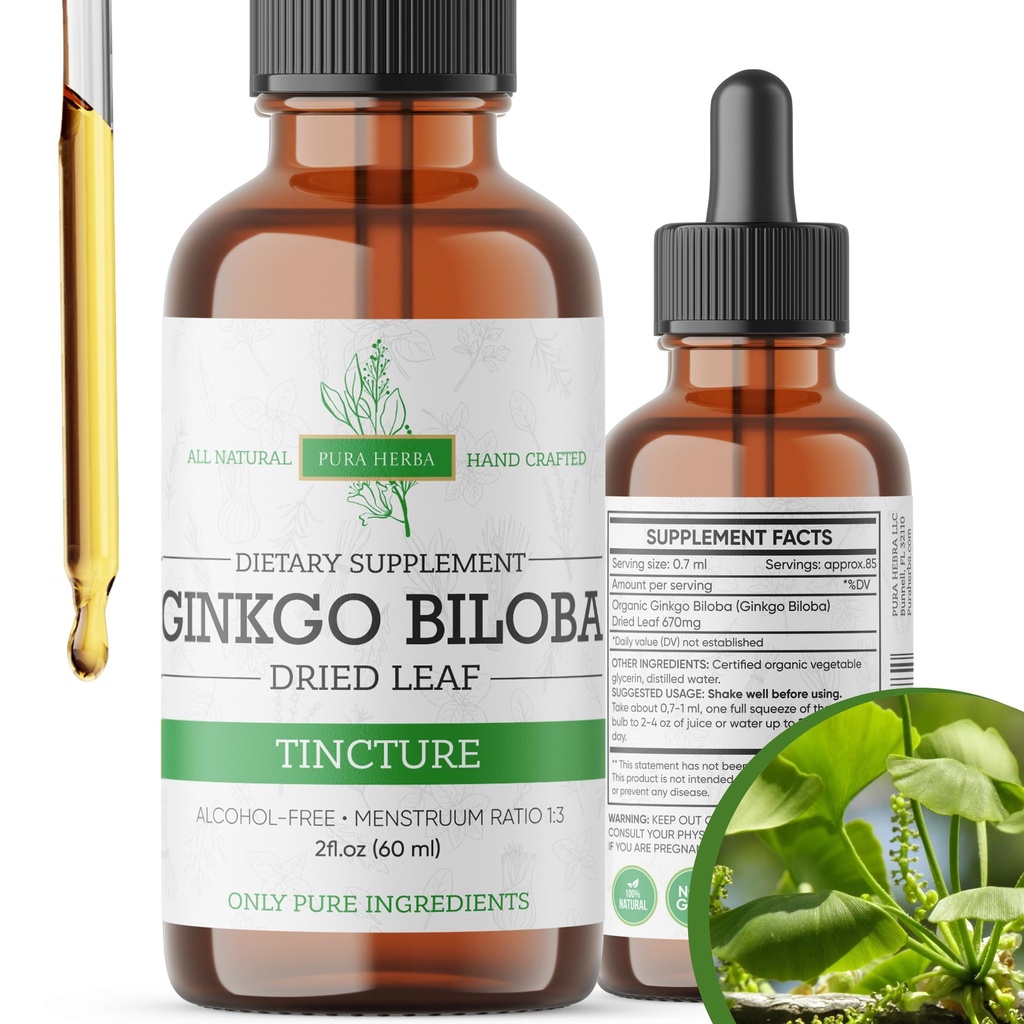 Ginkgo Biloba Extract Liquid 2 Fl Oz, Dodatki za delovanje možganov in spomin podporo, Alkohol brez, Vegan - 2 Fl Oz