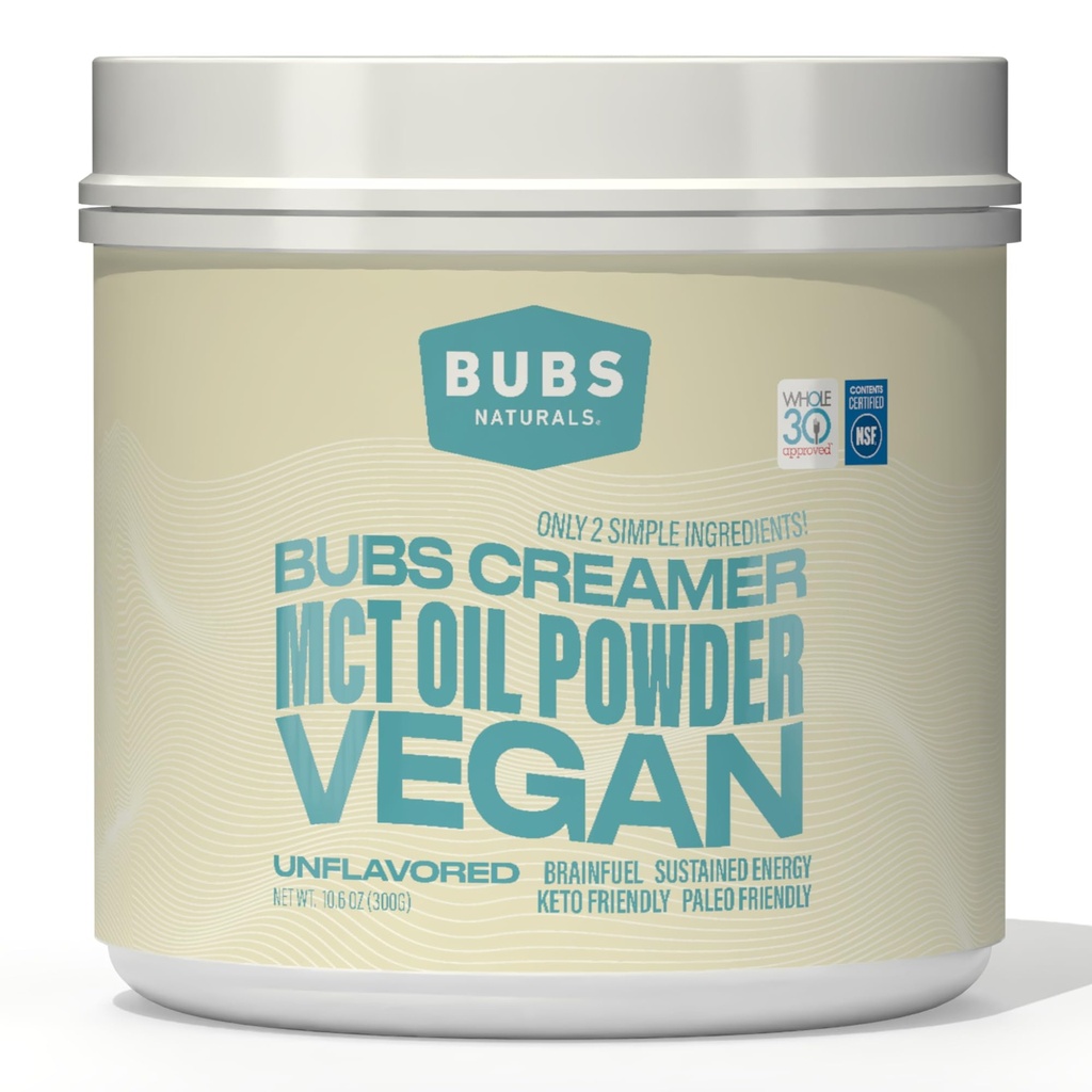 BUBS Naturals MCT Oil Powder - Premium MCT Oil & Keto Coffee Creamer - Vegan & Paleo Prijazno - Zdrava kokosova maščoba + Nizka karb - Mlečni prosti vir energije za stresanje, napitke in peko (10.6 oz)