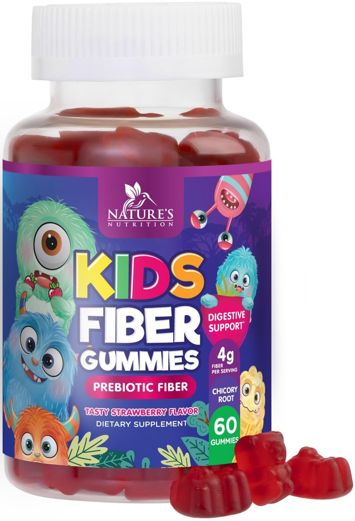 Fiber Gumies for Kids, Daily 4g Gummy Fiber Supplement, Prebiotična pregestivna zdravstvena podpora - Naravne rastline Topni Fiber, Podpira Rednost & Prebava za otroke ne-GMO - 60 Gumies