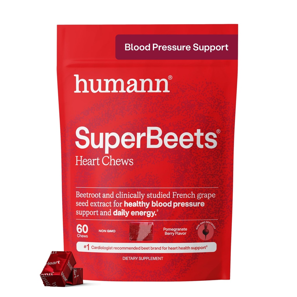 Humann SuperBeets Heart Chews, Beet Root Powder Support Energy Supplement, Dušikov oksid in Podpora krvnega tlaka, Grozdni ekstrakt in ne-GMO, Zdravje srca, Granatna Berry Flavor, 60 Count