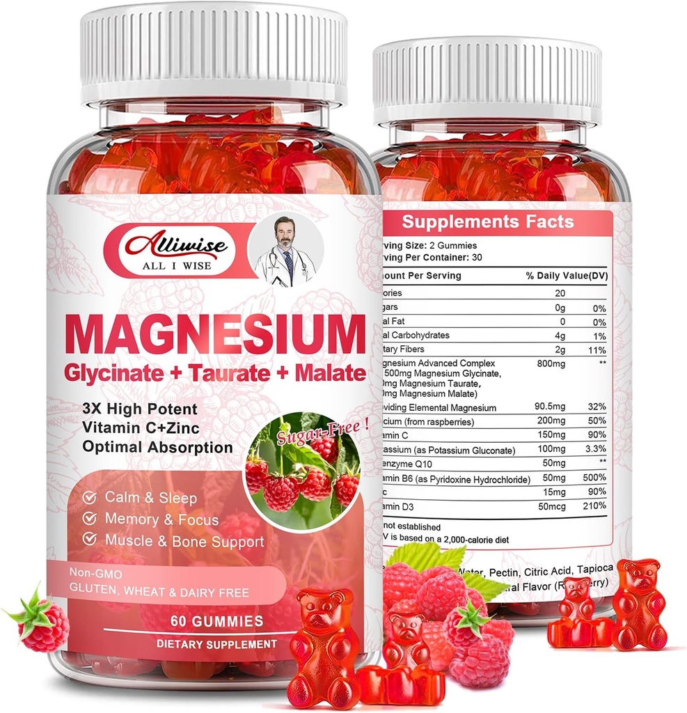 Magnezij dopolnilo kompleksne žvečilke, brez sladkorja Magnezij Glycinate 500mg za odrasle in otroke, z Taurate 200mg, Malate, Kalcij, COQ10, Multivitaminski za spanje, srce in zdravje kosti