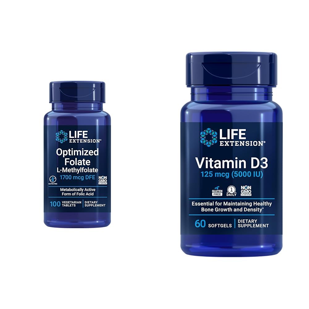Optimizirano podaljšanje življenja Folate Heart & Brain support tablete in vitamin D3 kosti, možgani in imuno zdravje Mehčalci - 100 tablet, 60 kapsul