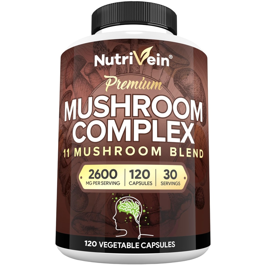 Nutrivein Premium goba dodatek 2600 mg- steklenica 120 kapsul- 11 nootropna goba kompleks - levja griva, Cordyceps, Chaga, Reishi, Turčija Tail,Maitake,Shiitake, Agaricus, White Button, Oyster