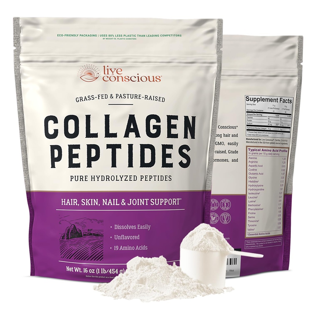Zavestni kolagenski peptidi v prahu v živo - naravno izurjeni hidrolizirani kolagen v prahu - podpora za lase, kožo, nohte in sklepe - Grass-Fed Kolagen tipa I in III – 16oz